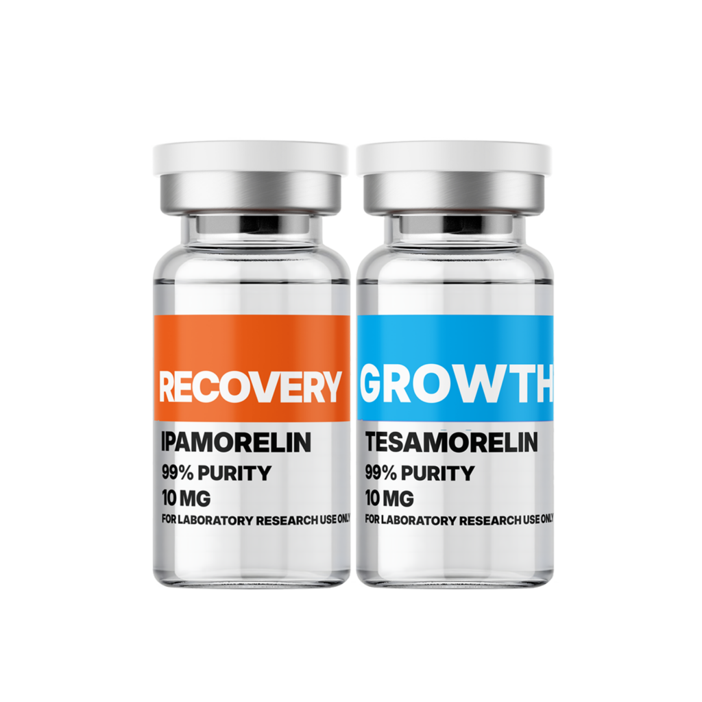 Two bottles of Amino Pharm supplements labeled Recovery and Growth, containing 99% pure IPAMORELIN and TESAMORELIN, 10 mg each, for laboratory research use only.