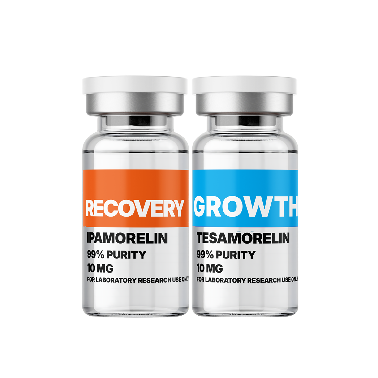 Two bottles of Amino Pharm supplements labeled Recovery and Growth, containing 99% pure IPAMORELIN and TESAMORELIN, 10 mg each, for laboratory research use only.