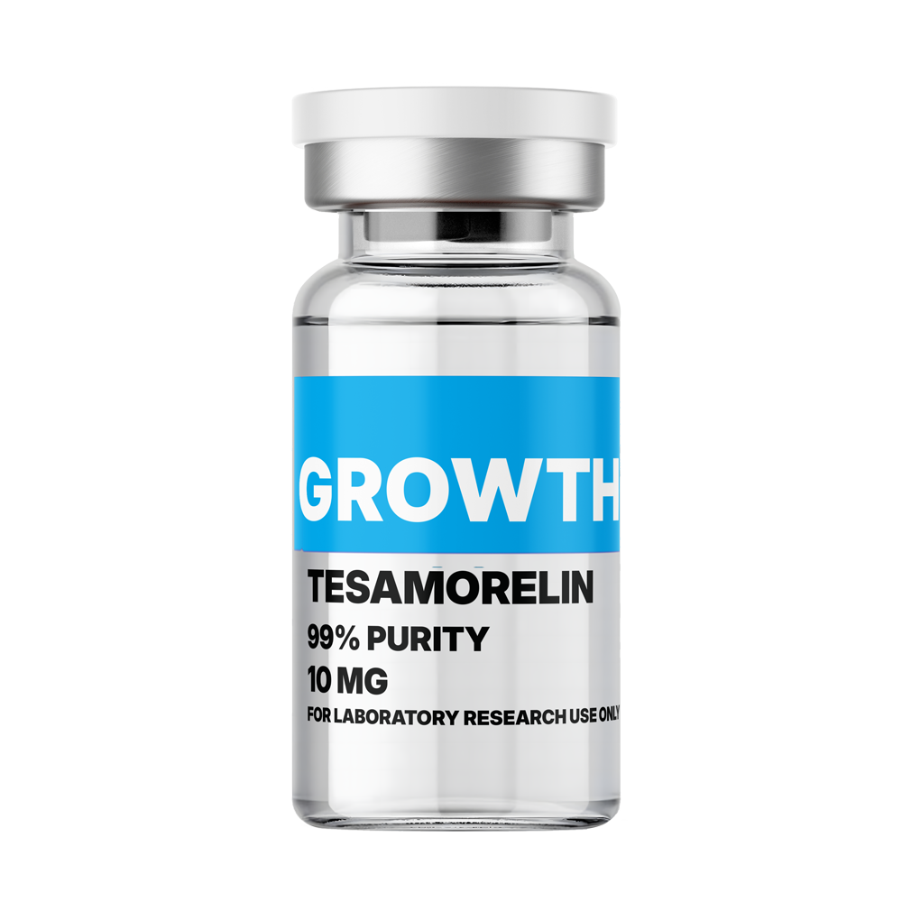 Vial of Tesamorelin, a growth hormone peptide with 99% purity, 10 mg dosage, used for laboratory research to promote growth and cellular regeneration.