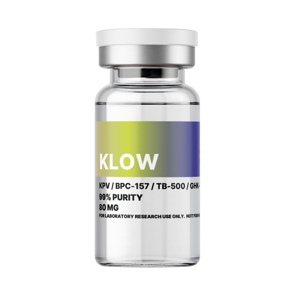 KLOW amino acid supplement bottle with 99% purity, 80 mg, for laboratory research, featuring a clear glass container with a white cap and a colorful label.