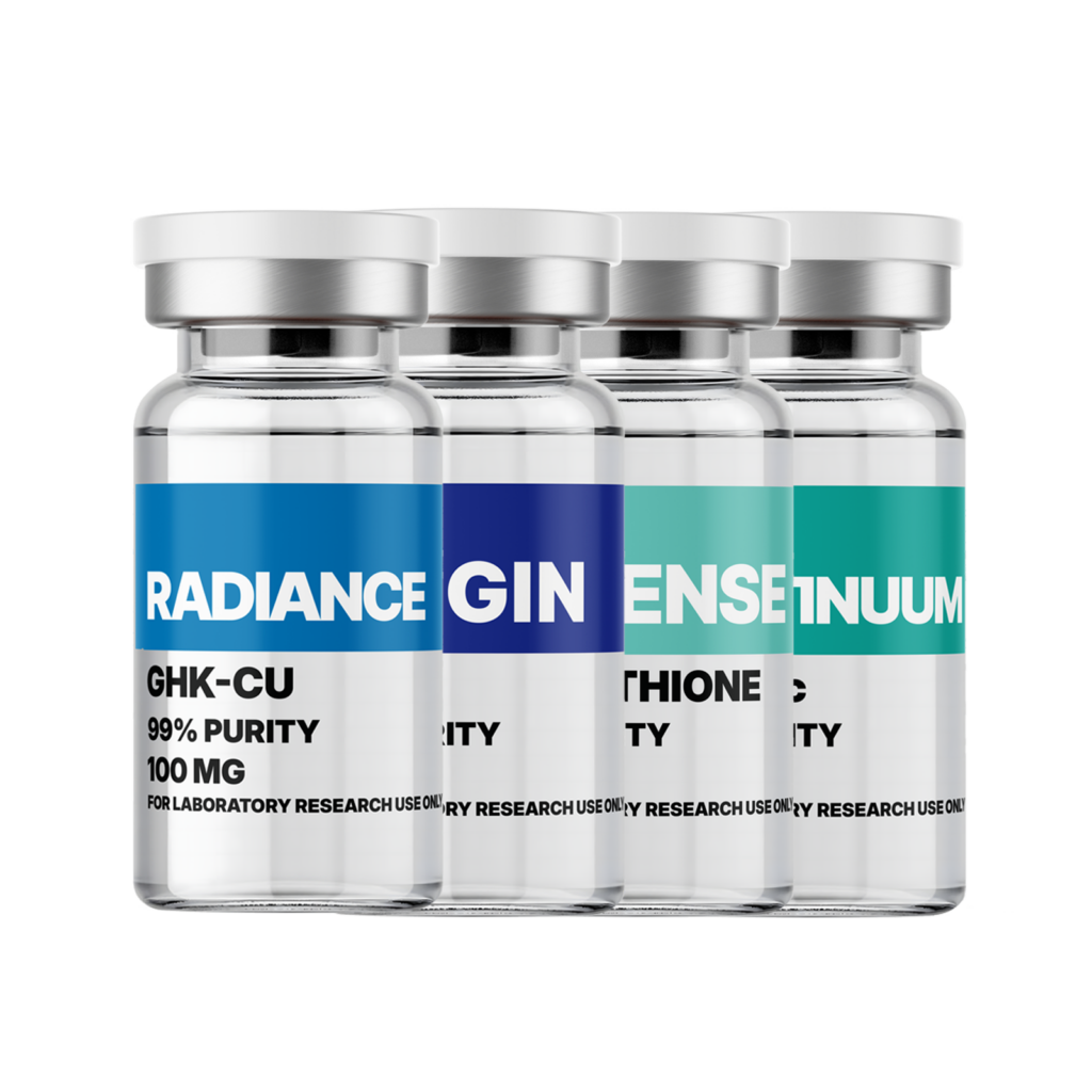 Amino Pharm supplement bottles featuring GHK-CU and enzyme formulations for health and wellness, laboratory research use, and purity standards.