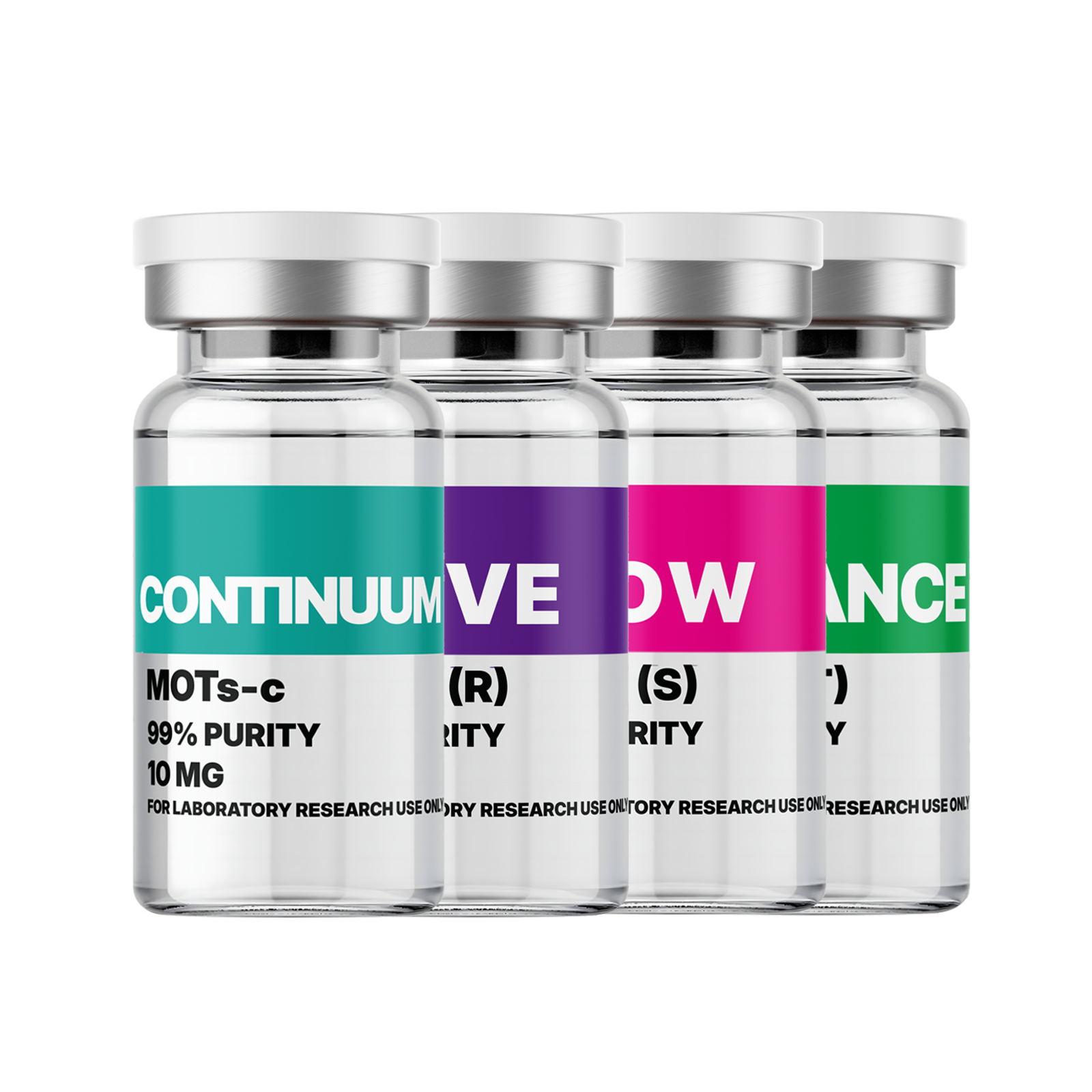 Four bottles of Amino Pharm Continuum supplements with colorful labels, showcasing purity and quality for health and wellness.