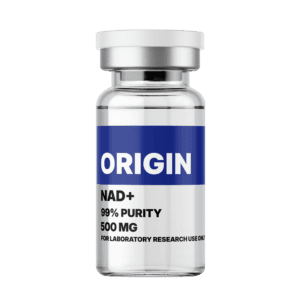 Amino Pharm Origin NAD+ supplement bottle with 99% purity, 500 mg for laboratory research, featuring a sleek design and blue label for health and wellness products.