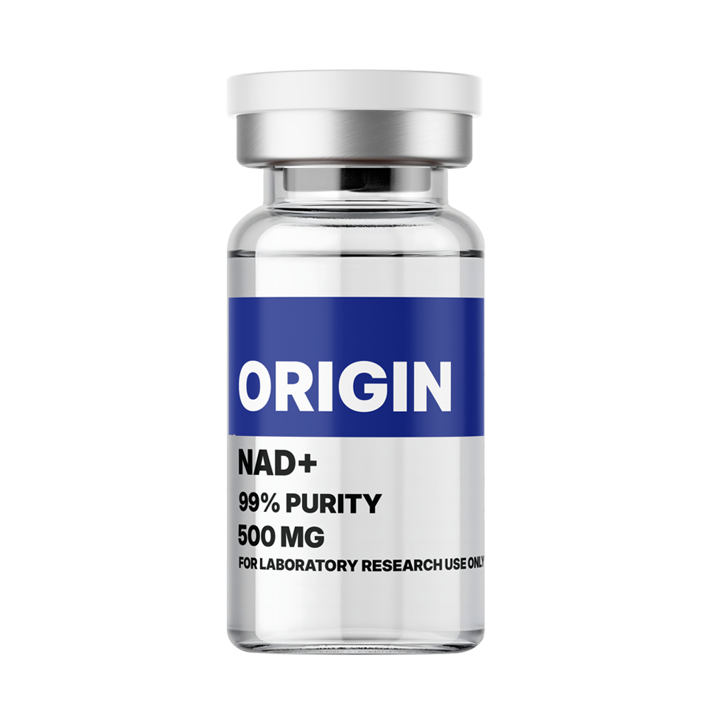 Amino Pharm Origin NAD+ supplement bottle with 99% purity, 500 mg for laboratory research, featuring a sleek design and blue label for health and wellness products.
