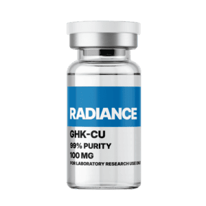A clear glass vial labeled Radiance GHK-CU 99% Purity 100 MG for laboratory research, highlighting amino acid supplement for skin health and anti-aging benefits.