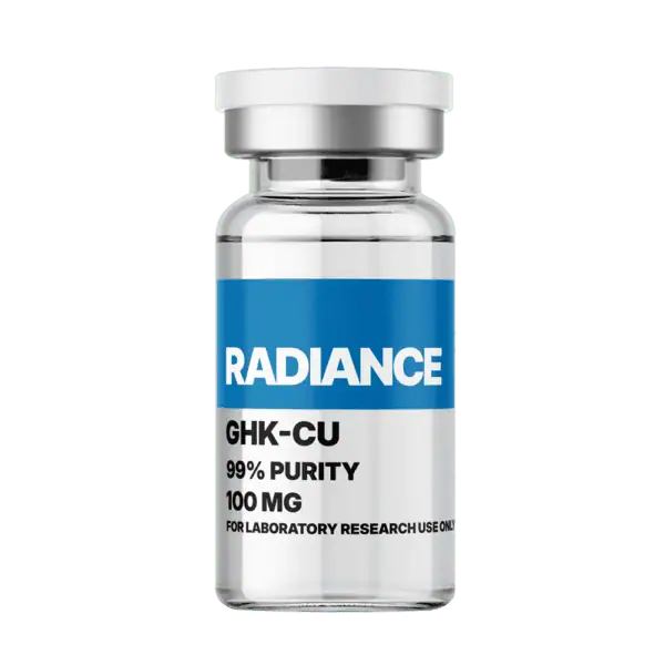 A clear glass vial labeled Radiance GHK-CU 99% Purity 100 MG for laboratory research, highlighting amino acid supplement for skin health and anti-aging benefits.