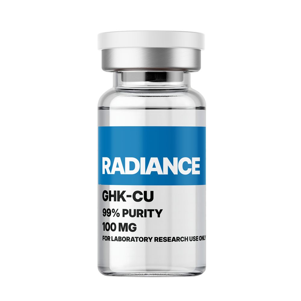 A clear glass vial labeled Radiance GHK-CU 99% Purity 100 MG for laboratory research, highlighting amino acid supplement for skin health and anti-aging benefits.