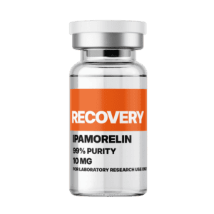Amino Pharm Recovery Ipamorelin supplement bottle with 99% purity, 10mg dosage, designed for laboratory research use only, emphasizing health and recovery benefits.