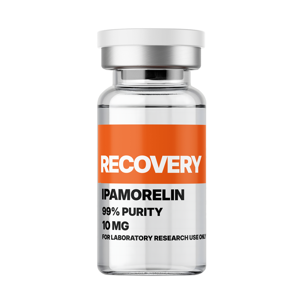Amino Pharm Recovery Ipamorelin supplement bottle with 99% purity, 10mg dosage, designed for laboratory research use only, emphasizing health and recovery benefits.