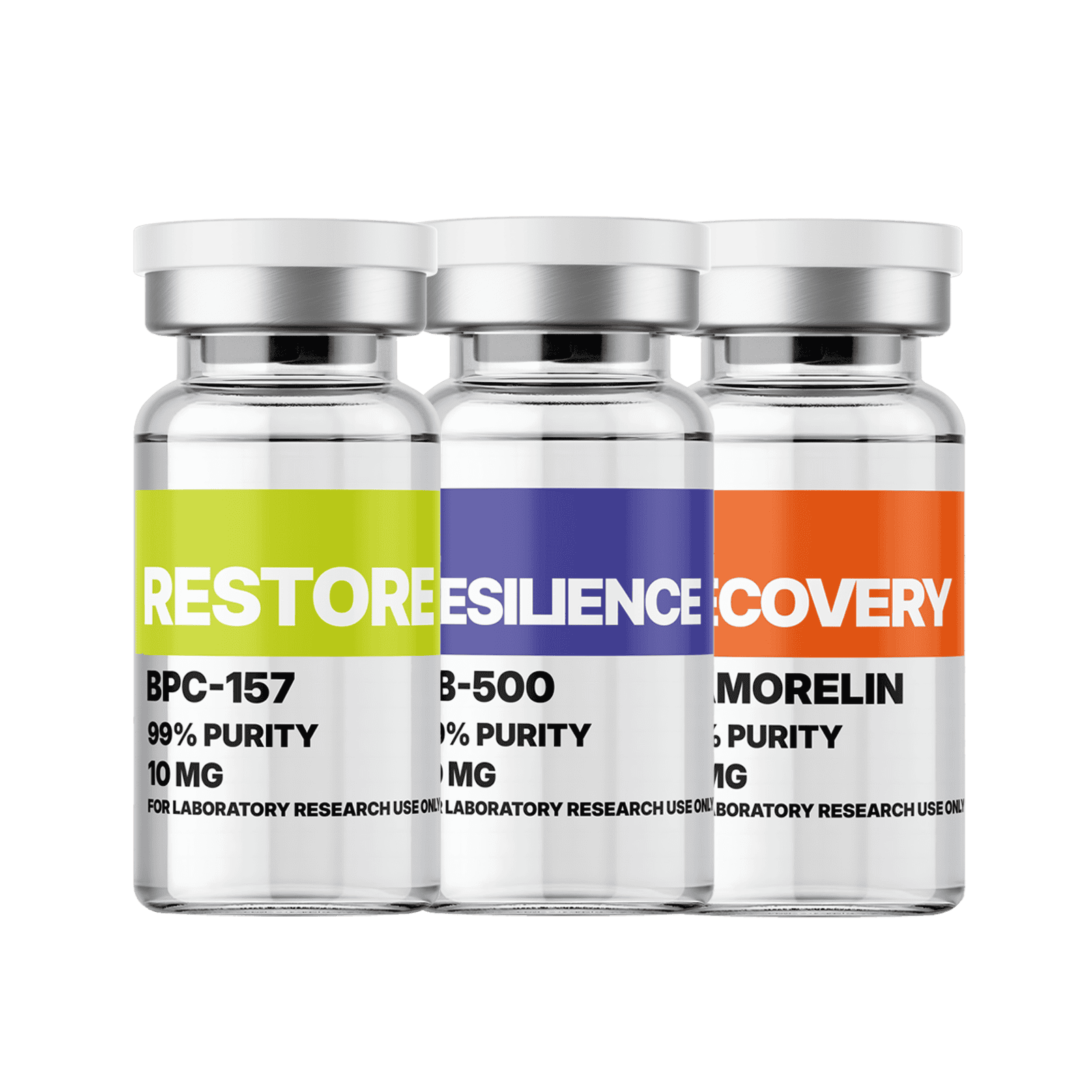 Three bottles of Amino Pharm supplements labeled Restore, Resilience, and Recovery, designed for health and wellness, with laboratory purity and 10mg dosage.