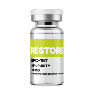 Amino Pharm Restore BPC-157 supplement bottle with 99% purity, 10 mg dosage, designed for laboratory research use only, featuring a white and green label.