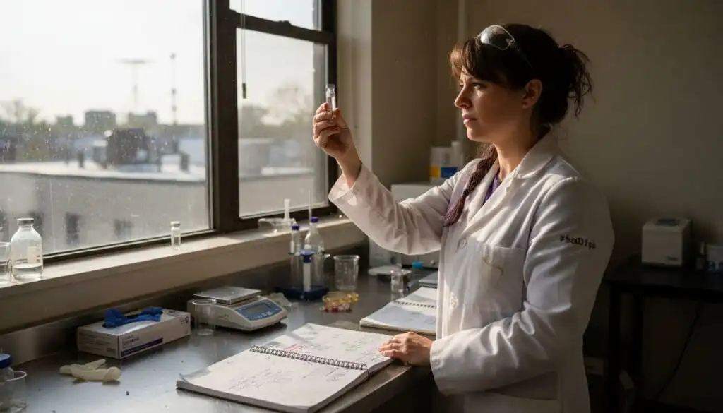 Lab technician examining peptide sample vial