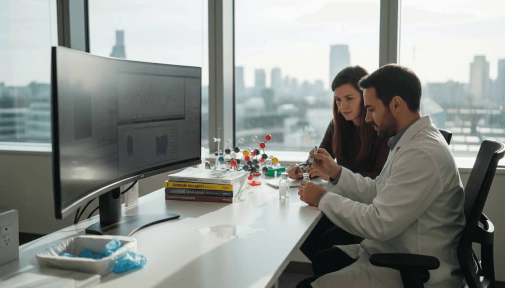 Scientists analyzing peptide samples in modern lab