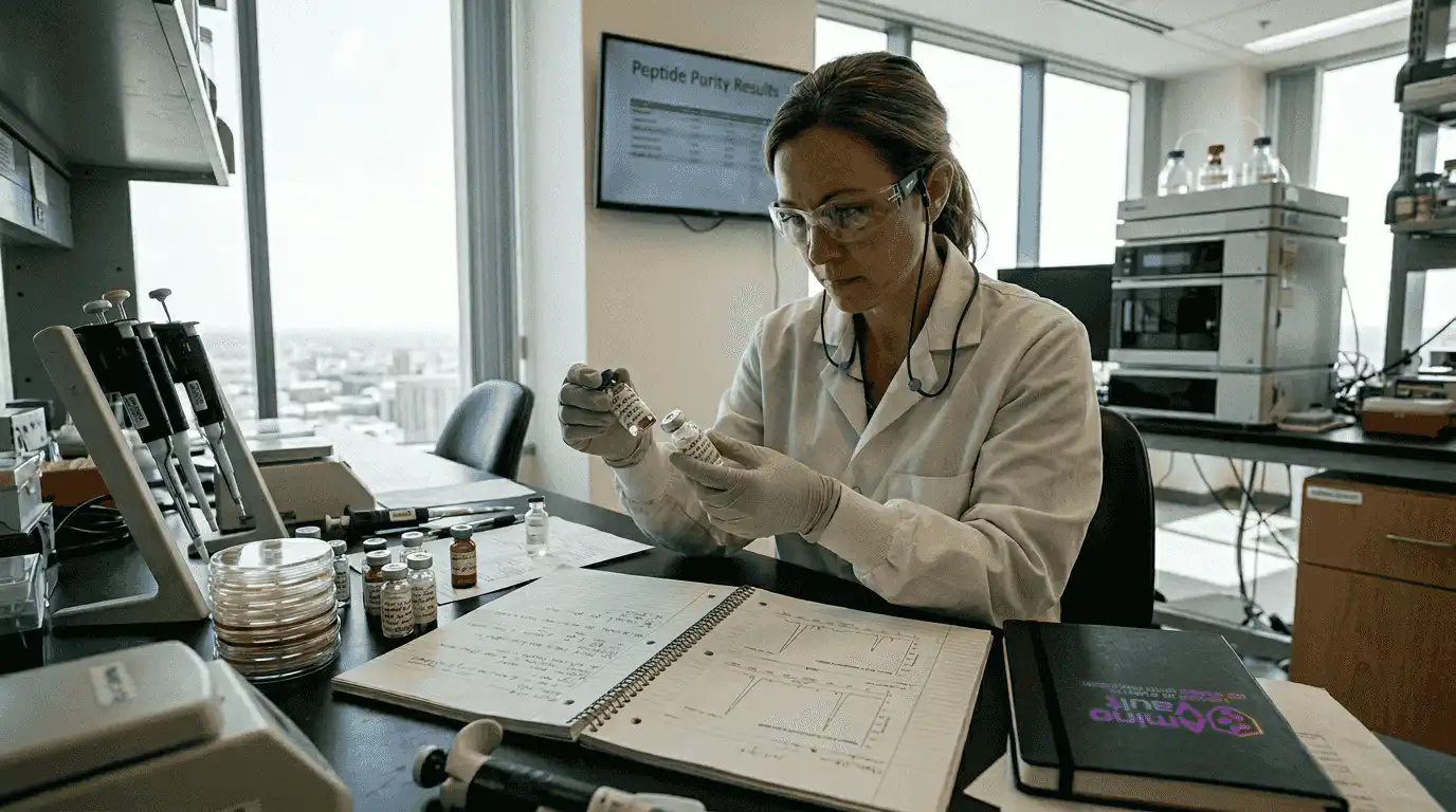 Scientist inspecting peptide vials in lab