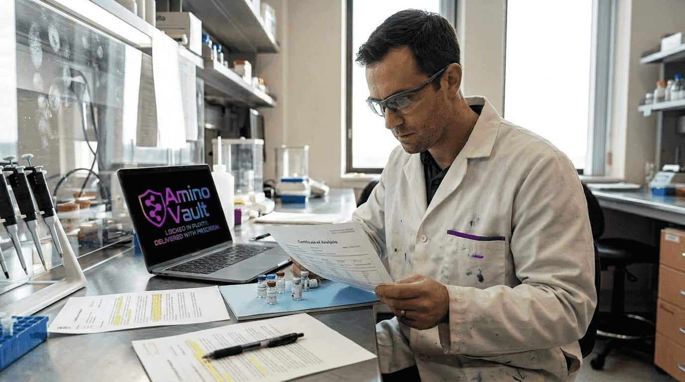Scientist studying peptide CoA document in lab