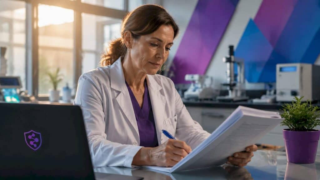 Lab manager reviewing ISO/IEC 17025 documents