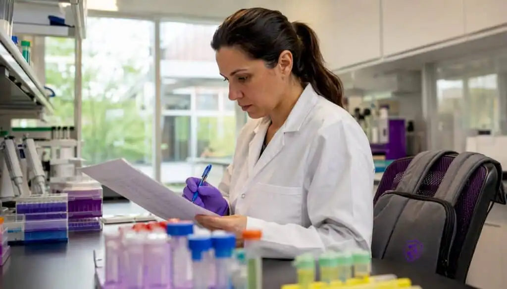 Scientist reviewing peptide certificate of analysis at lab bench