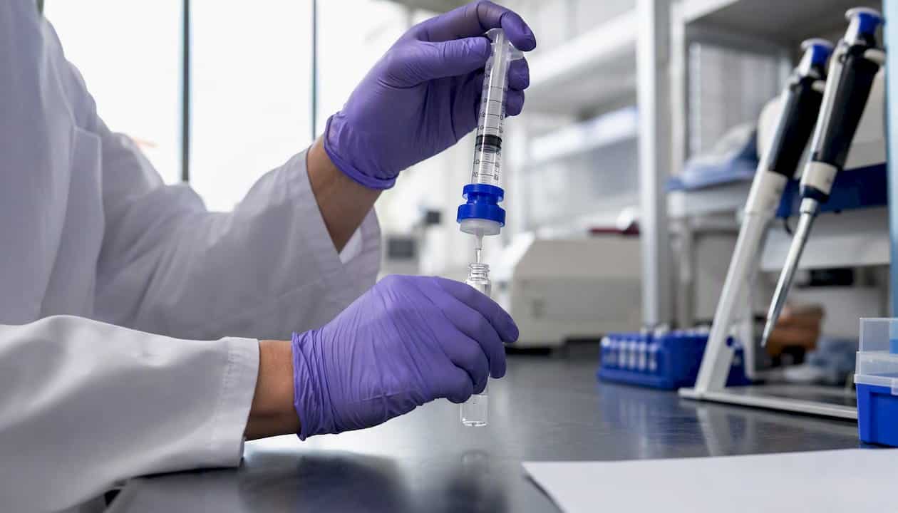 Gloved hand filtering peptide solution in lab