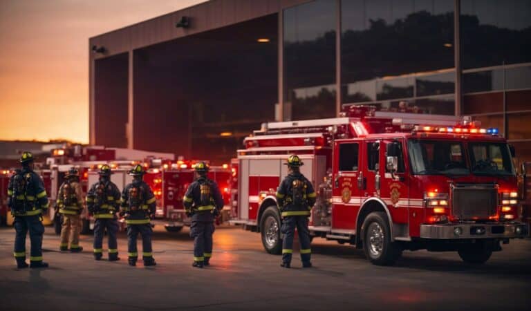 Véhicules de pompiers rouges en service lors d'une intervention de nuit, pompiers en uniforme se préparant à éteindre un incendie, équipements de secours, image sous crépuscule dans un centre urbain.