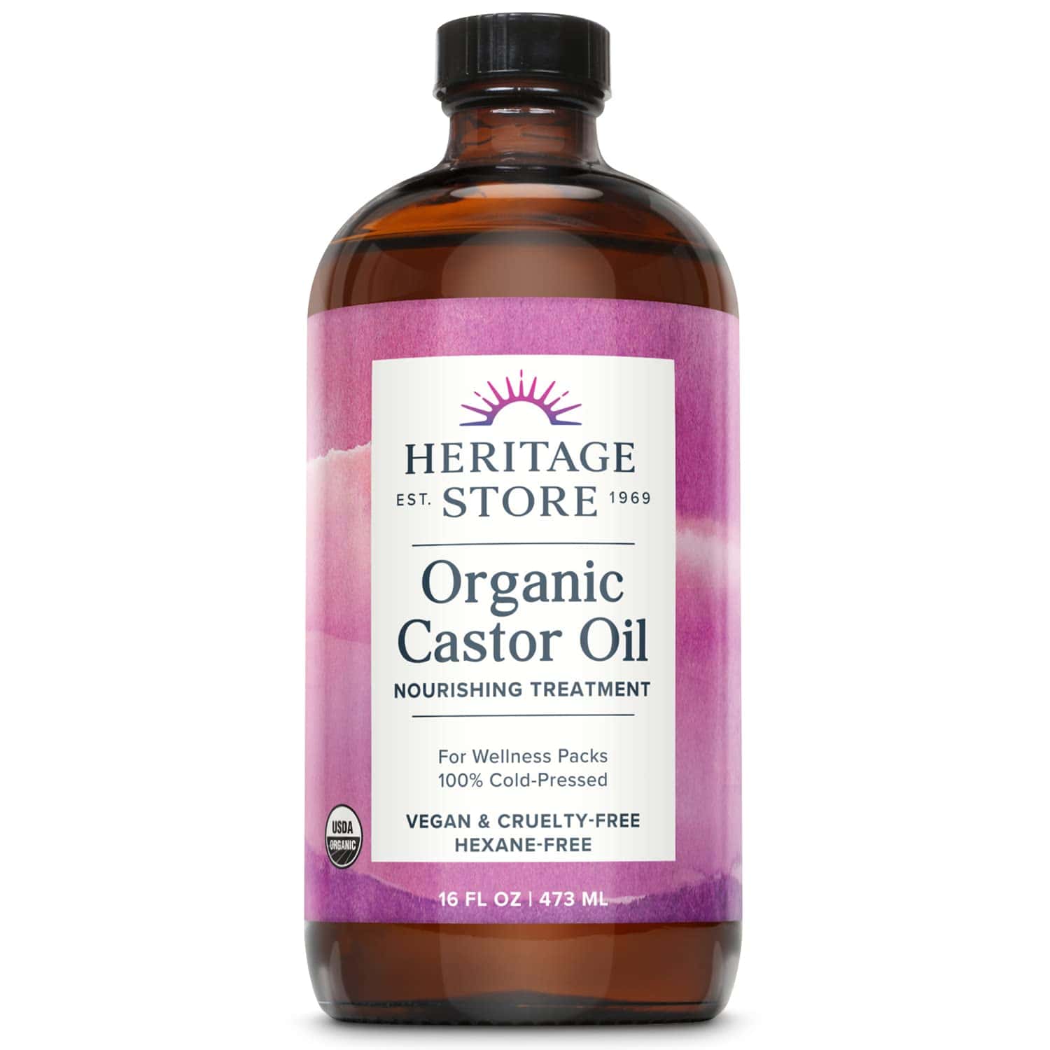 Bottle of Heritage Store Organic Castor Oil for hair and scalp care