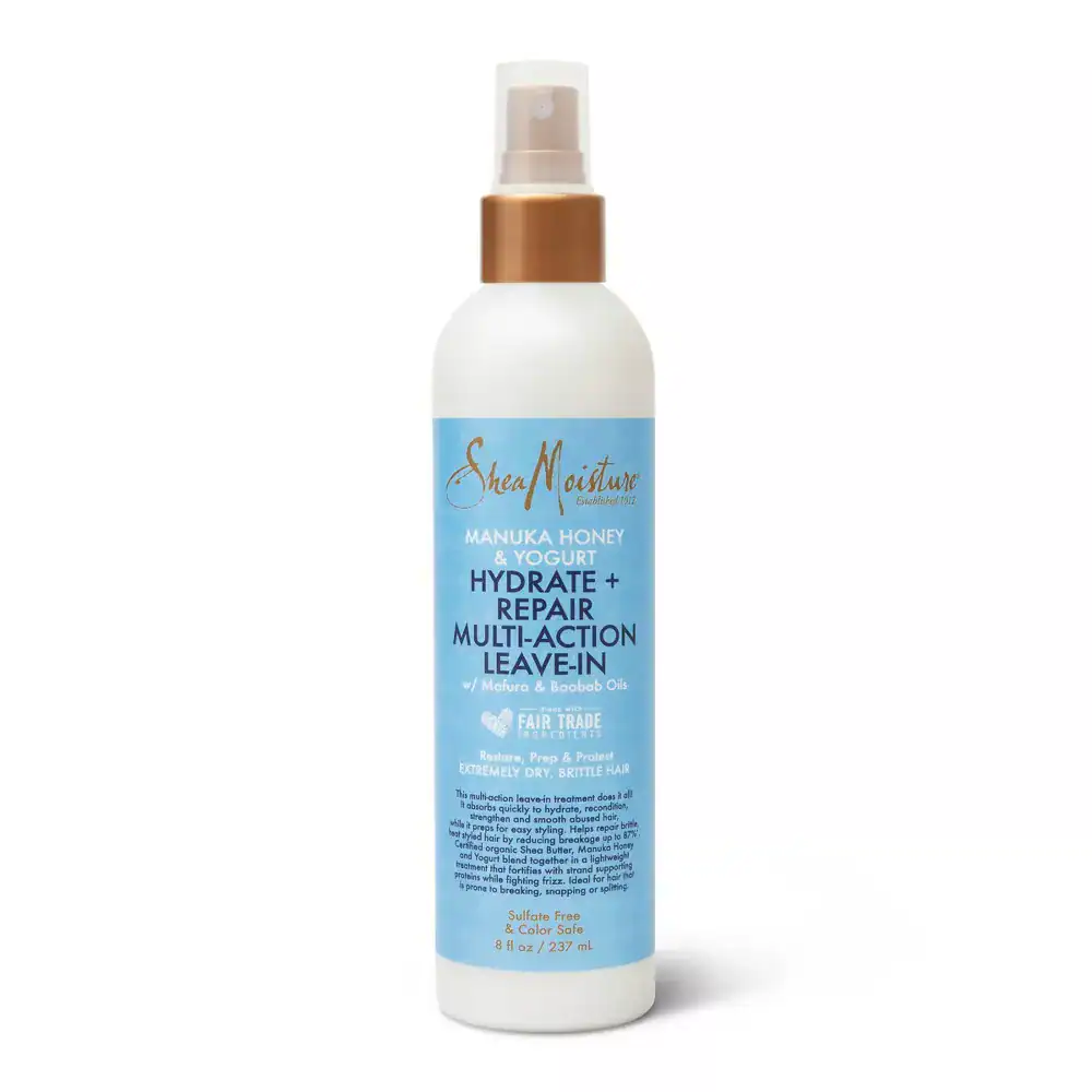 Bottle of SheaMoisture Hydrate + Repair Leave-In Conditioner for dry, curly hair