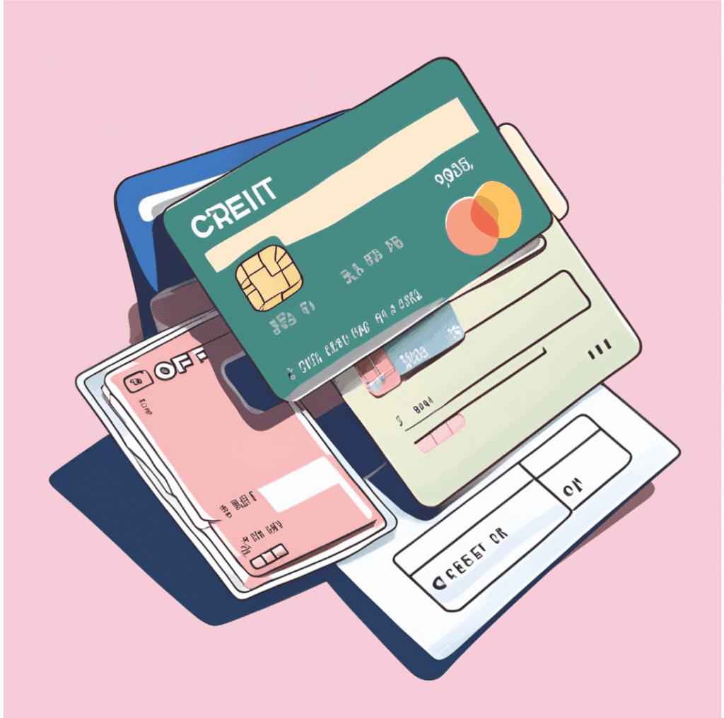 Illustration of various colorful credit and debit cards stacked on a pink background, symbolizing personal finance, budgeting, or credit management.