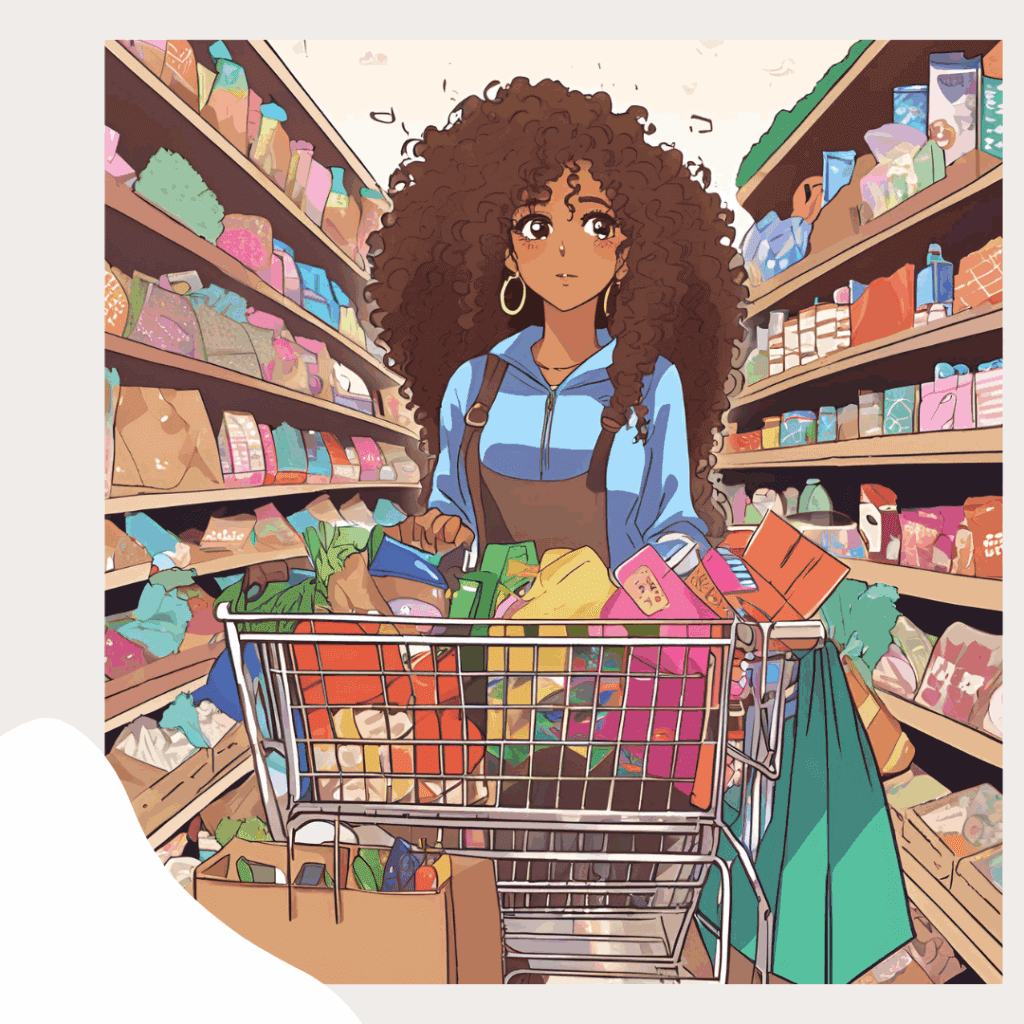 Illustration of a woman with curly hair wearing a blue hoodie and apron, pushing a grocery cart filled with colorful items down a store aisle.