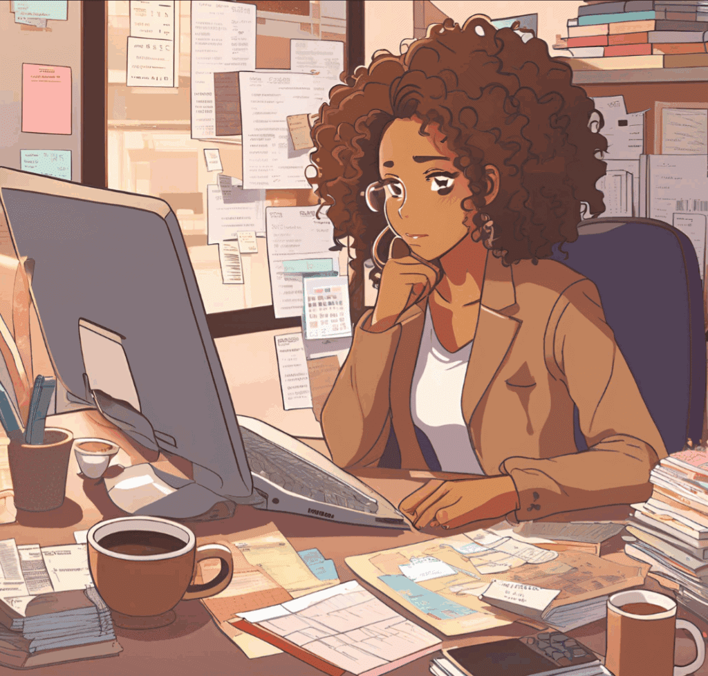 Young woman with curly hair reviewing a budgeting spreadsheet – representing financial planning and reflection