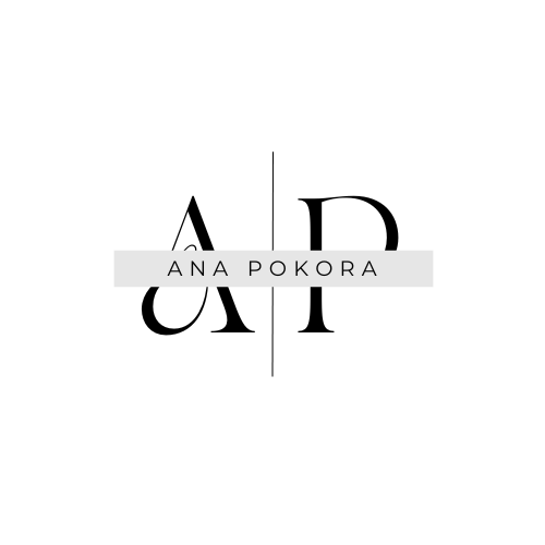 Minimalist black monogram logo with the initials 'AP' above a horizontal gray bar containing the name 'Ana Pokora' in modern, uppercase font.