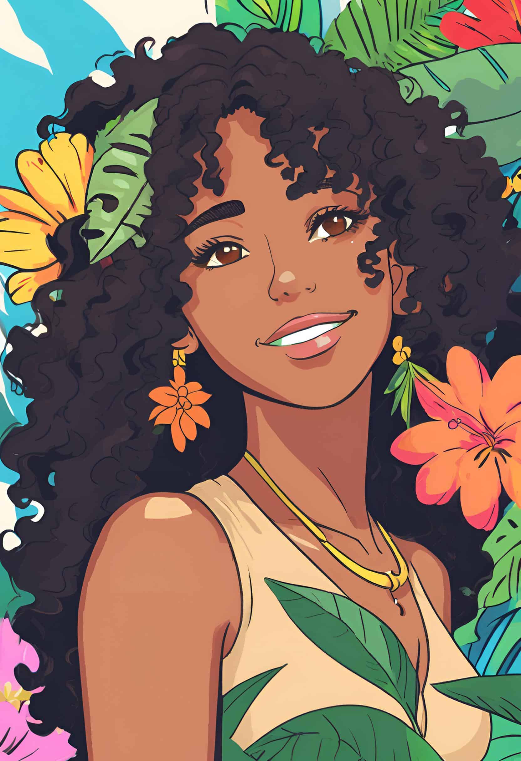 Illustration of a curly-haired woman smiling with tropical flowers, symbolizing natural beauty