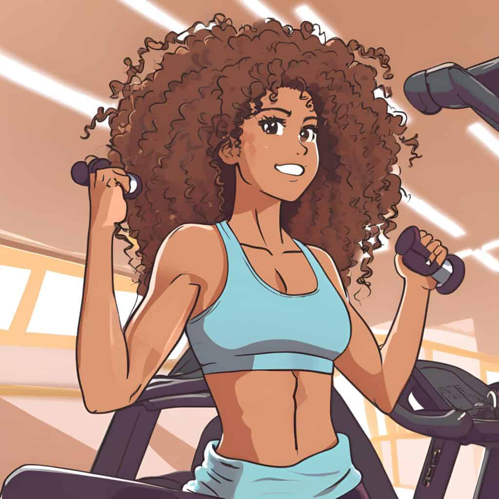 Curly-haired woman staying strong and active through fitness