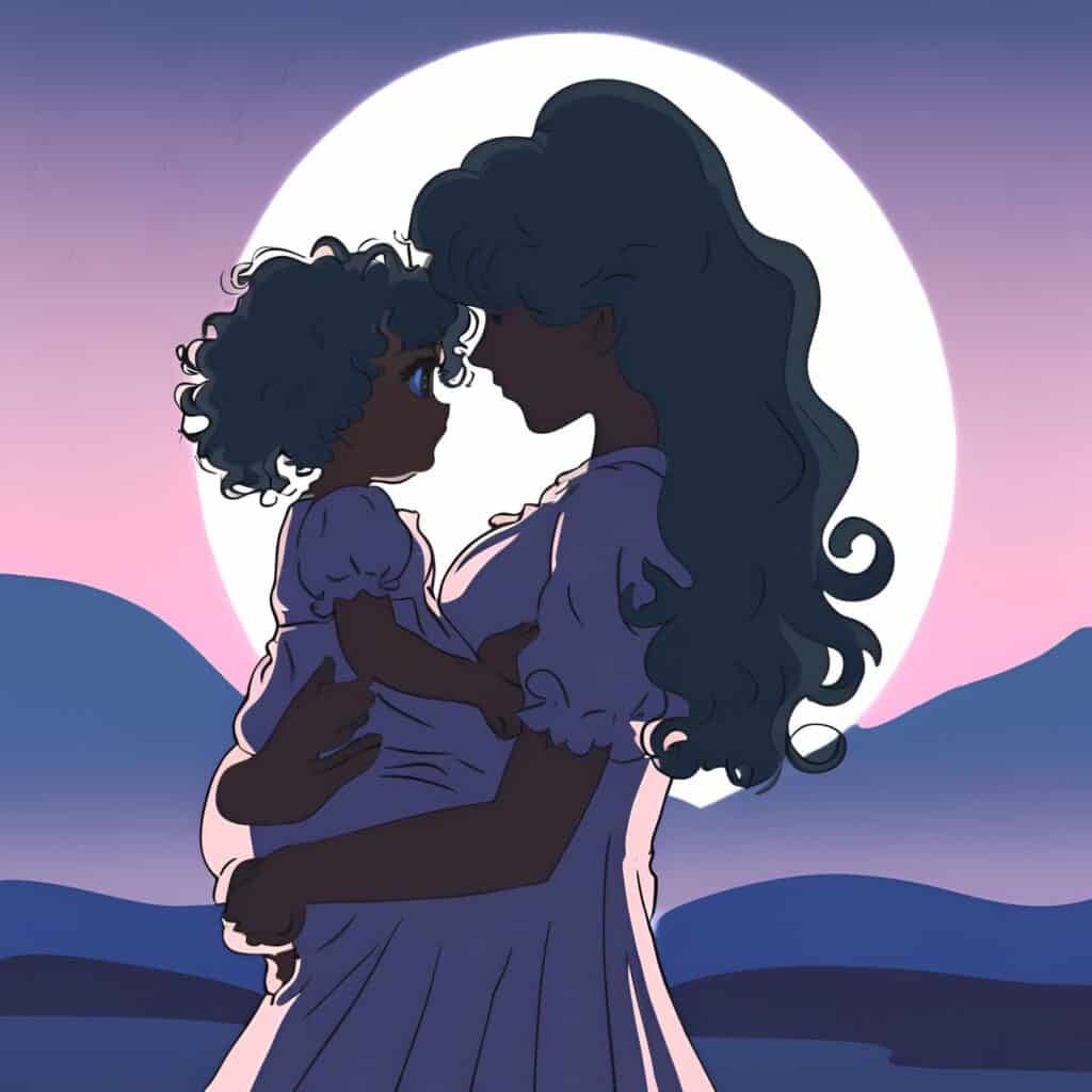 Mother and child with curly hair embracing love and wellness