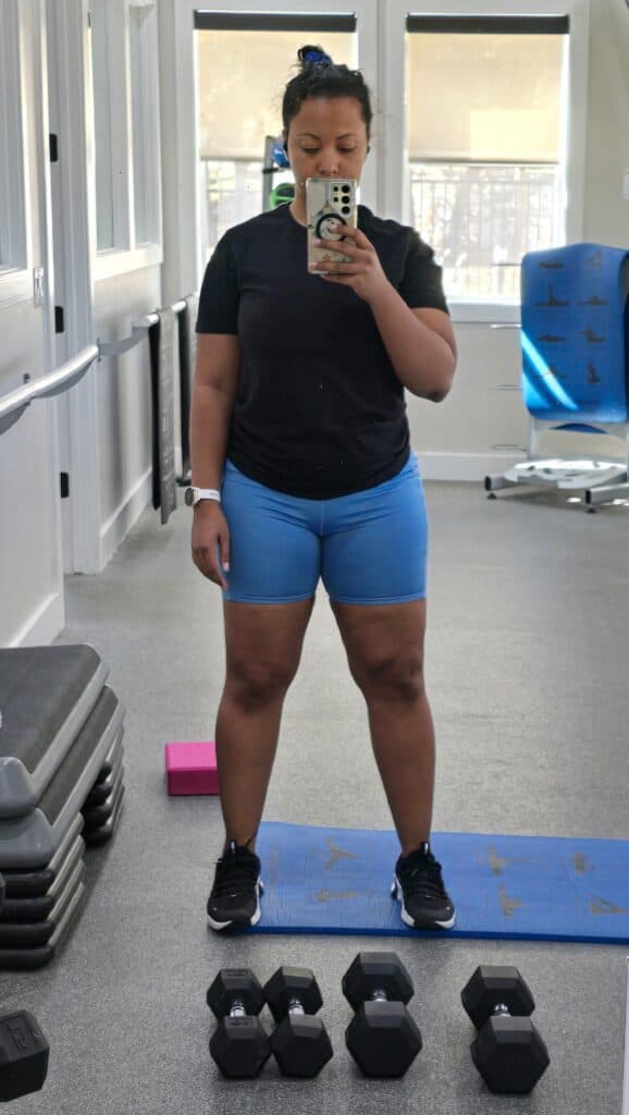 Realistic postpartum body transformation photo – embracing authentic fitness progress
