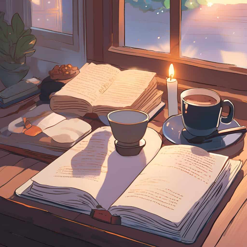 books and coffee and a lit candle on a table by the window 