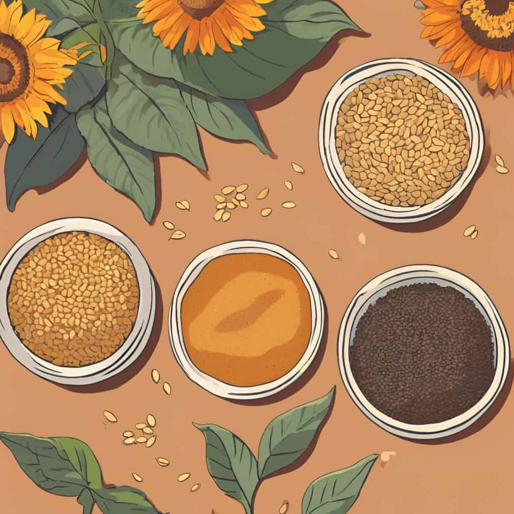 a flat lay with four different bowl containing  sunflower, pumpkin, sesame and flax seeds