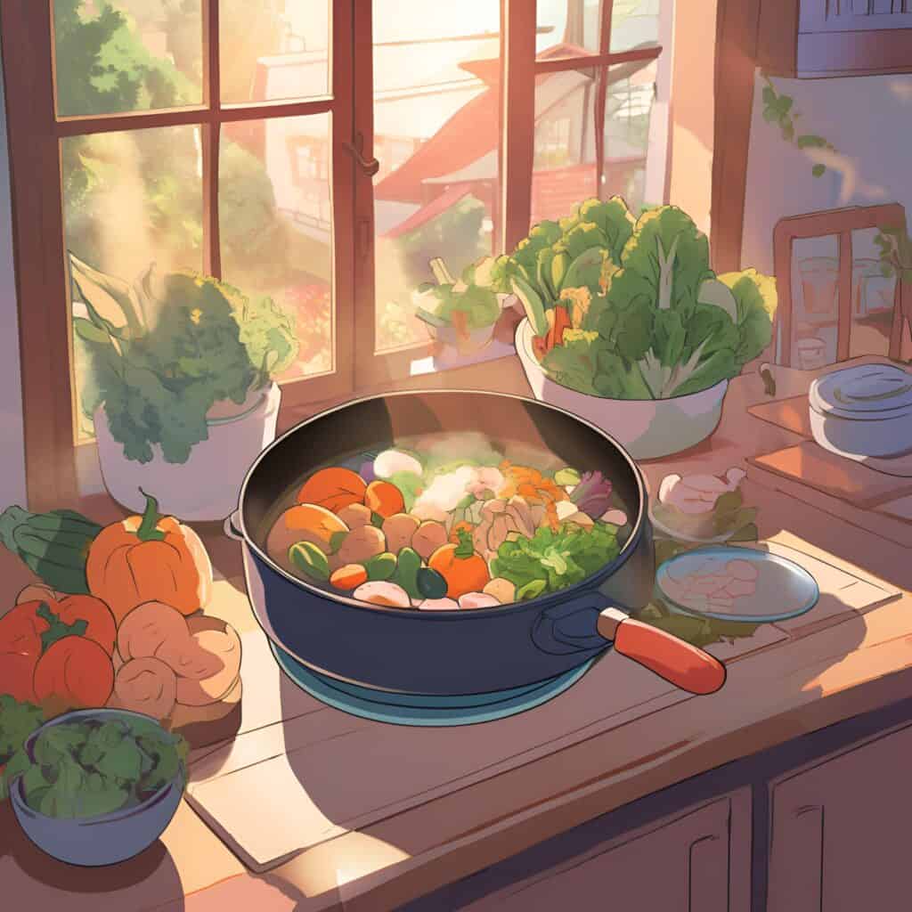 Illustration of a woman cooking a colorful meal – nourishing routines and healthy lifestyle