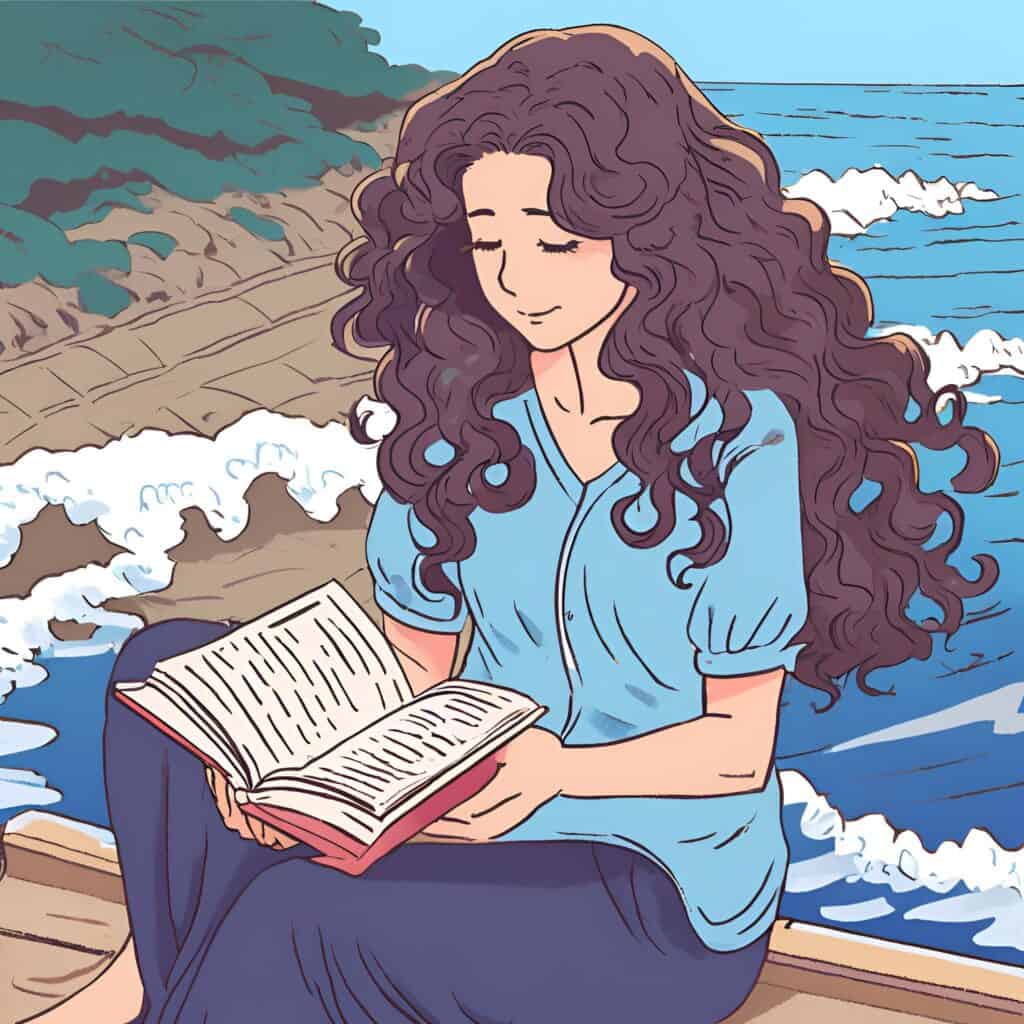 a woman with long curly hair reading  a book by the ocean