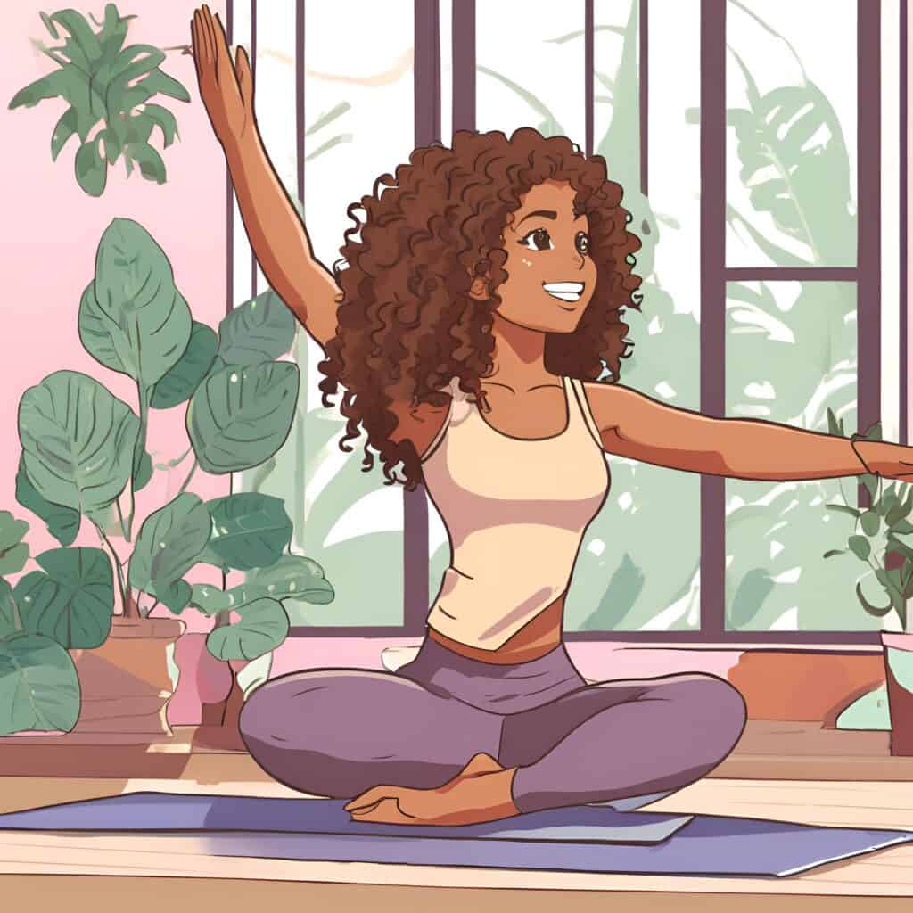 Illustration of a curly-haired woman doing Pilates at home – promoting wellness and gentle movement