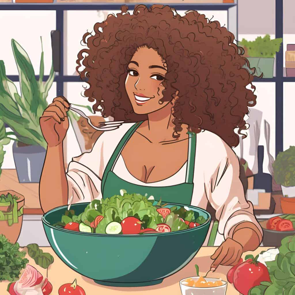 a young woman with big curly hair making a salad
