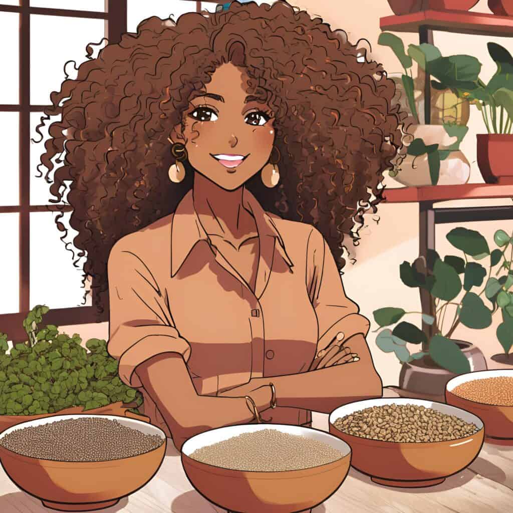 A young woman with big curly hair standing behind a table with bowls containing different seeds 