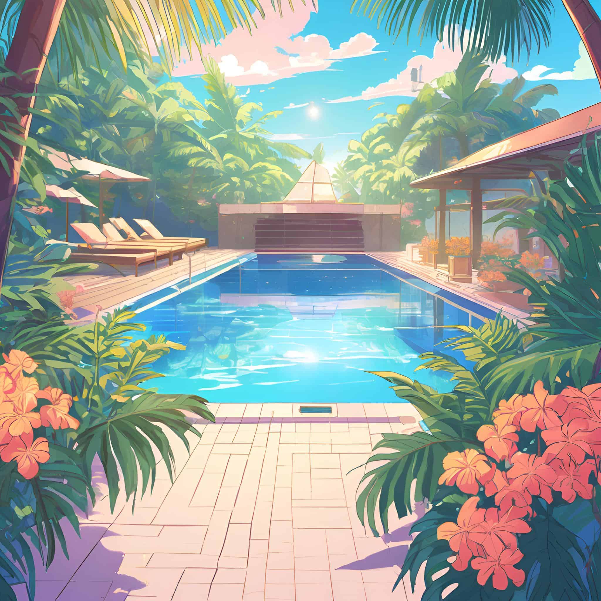 Illustration of a tropical resort-style pool surrounded by lush greenery, lounge chairs, and a shaded cabana, with placeholder text for a form block overlayed on the image.