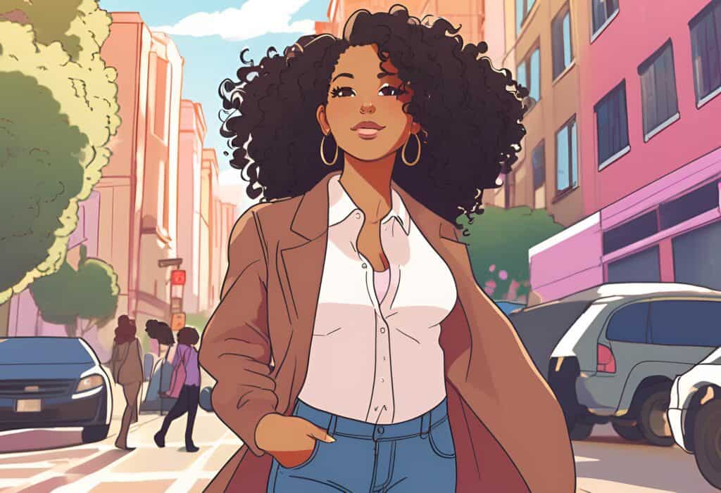 Stylized illustration of a confident woman with voluminous curly hair walking through a city street. She is wearing a brown trench coat over a white button-up shirt and blue jeans, with one hand in her pocket. The background shows buildings, cars, and pedestrians under a blue sky.