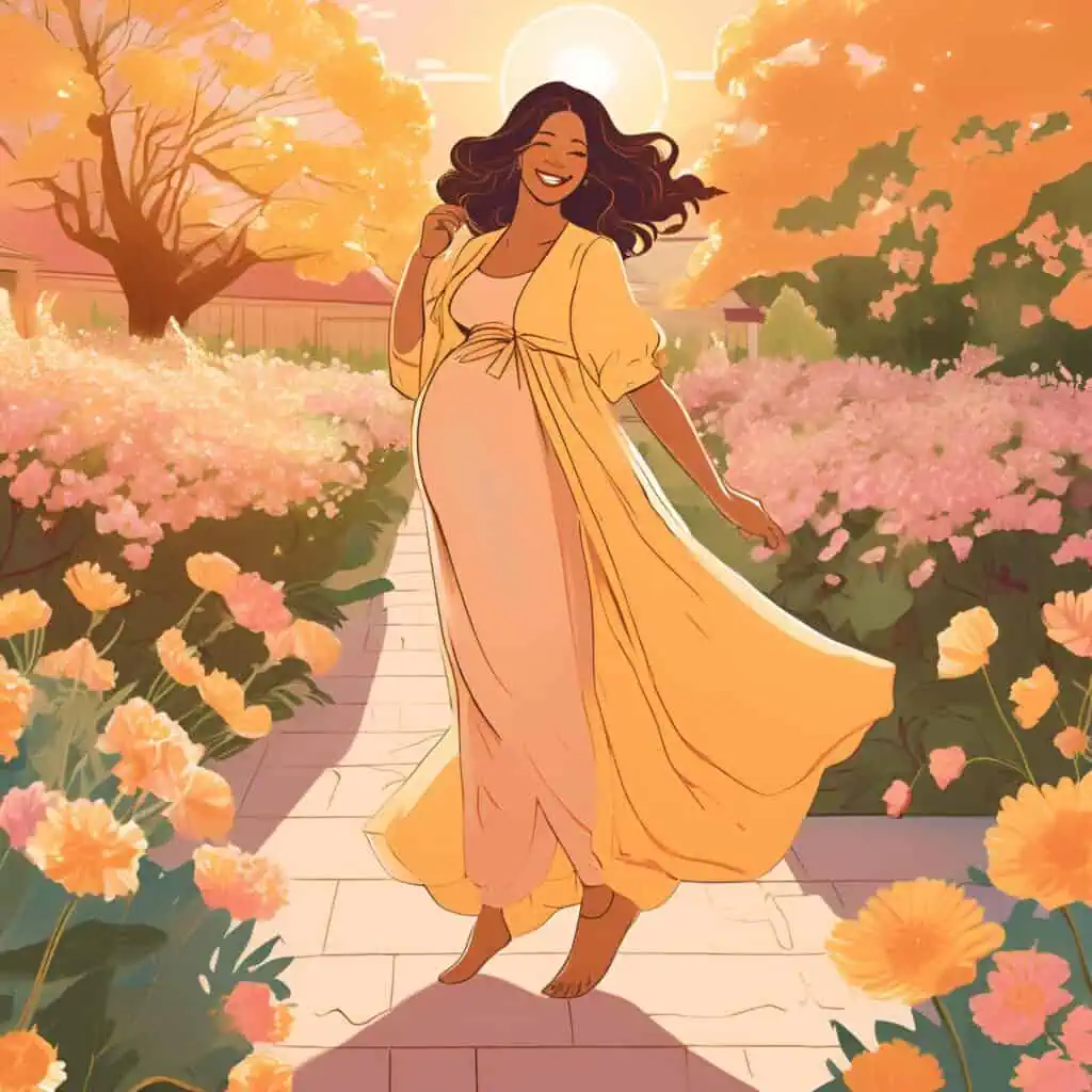 Illustration of a smiling pregnant woman walking barefoot through a garden at sunset, wearing a flowing yellow dress. She is surrounded by blooming flowers and golden trees, with warm sunlight creating a peaceful, radiant atmosphere.