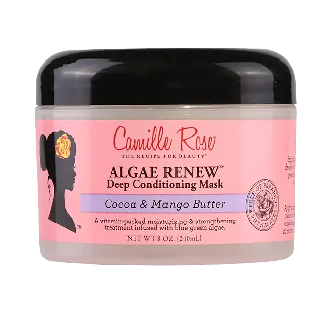 Pink jar of Camille Rose Algae Renew Mask, enriched with cocoa and blue-green algae to nourish and strengthen curls.