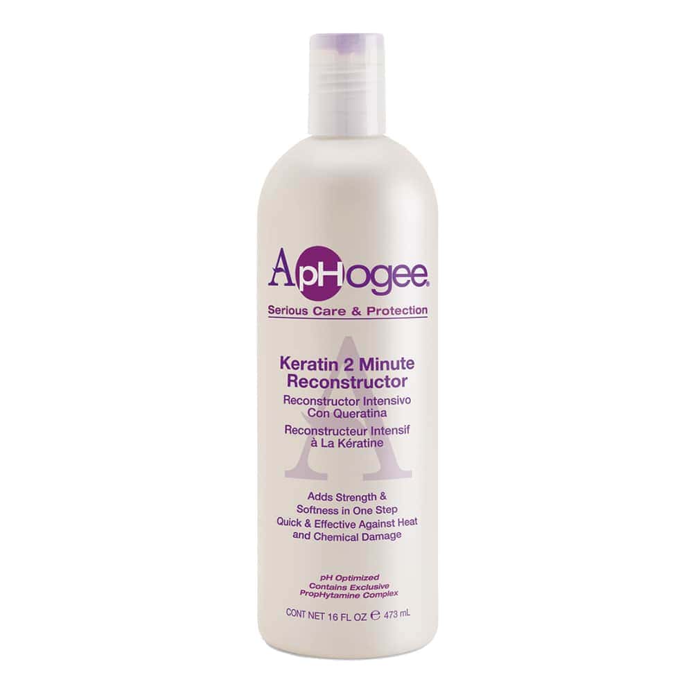 White bottle of Aphogee Two-Minute Reconstructor, a protein treatment designed to restore strength to damaged, over-processed hair.