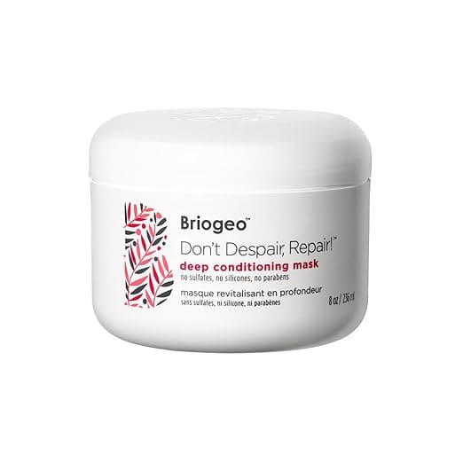Minimalist white tub of Briogeo Don’t Despair, Repair! Mask, a clean, silicone-free formula known for restoring moisture and shine.