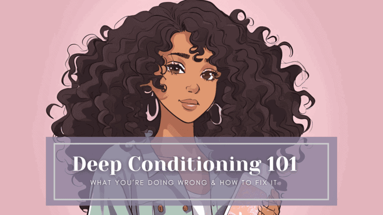 Stylized graphic of a woman with voluminous curly hair in a pink frame, titled “Deep Conditioning 101,” introducing a step-by-step guide for curly hair care.