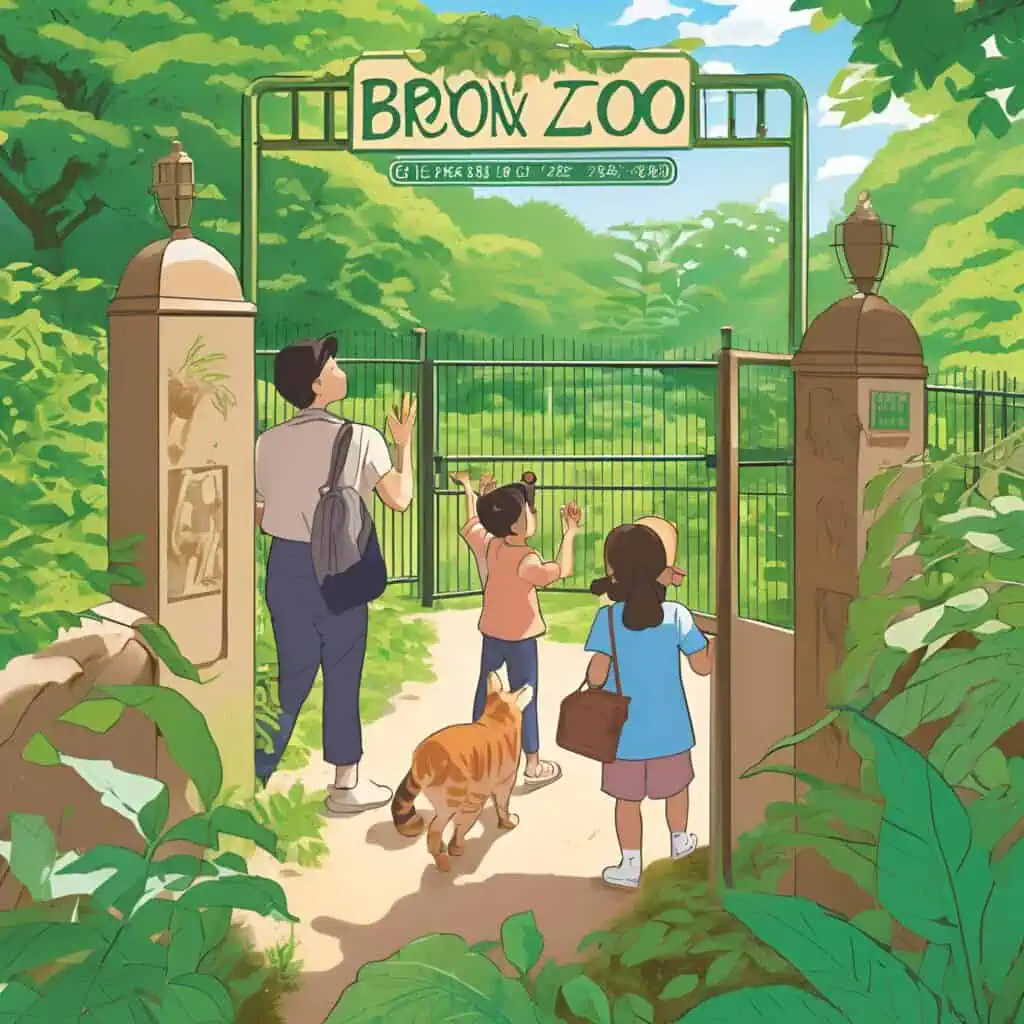 Parent and children arriving at Bronx Zoo gate, surrounded by tropical greenery, excited to explore.