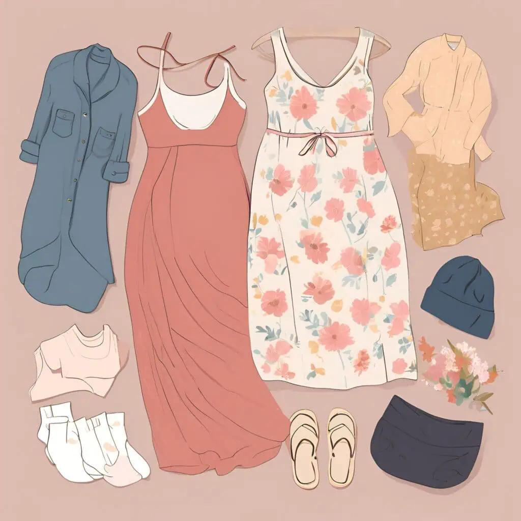 Illustration of a flat lay featuring a maternity wardrobe, including floral and solid-colored dresses, a blue shirt dress, cozy sweaters, socks, flip-flops, a beanie, and a pair of maternity shorts. A small bouquet of flowers adds a soft, feminine touch.