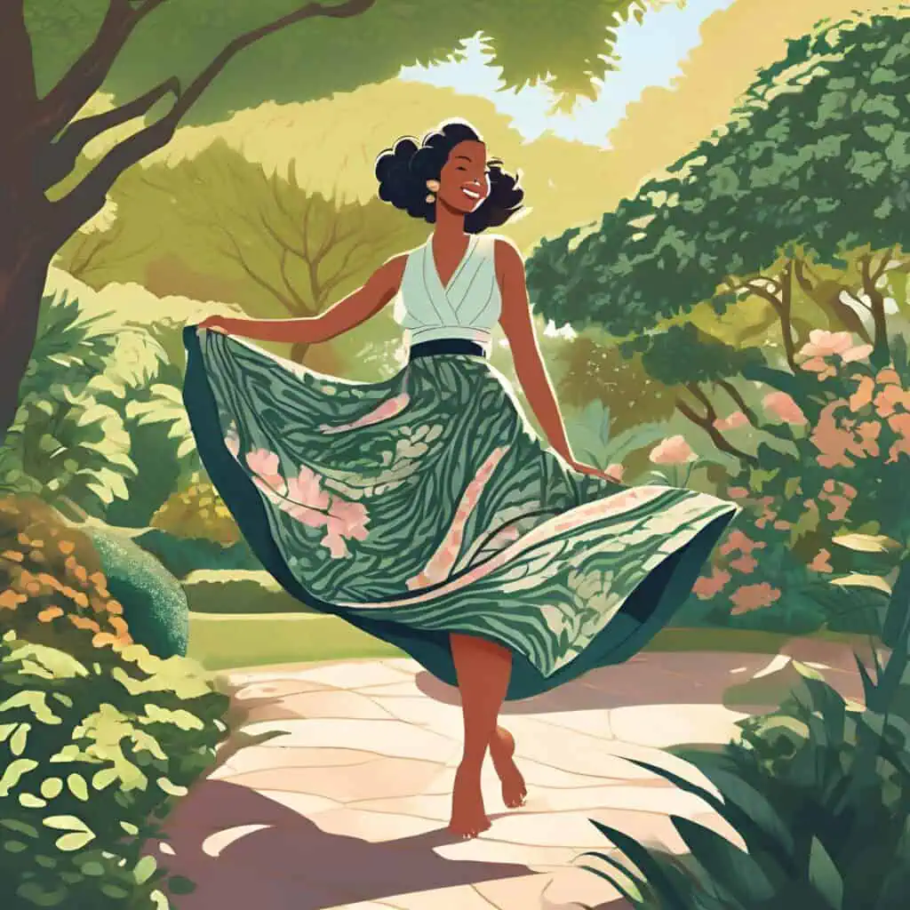 Illustration of a joyful brown-skinned woman with short curly hair wearing a flowy green floral high-waisted skirt and a white sleeveless top, barefoot and twirling in a lush garden setting filled with blooming flowers and sunlight.